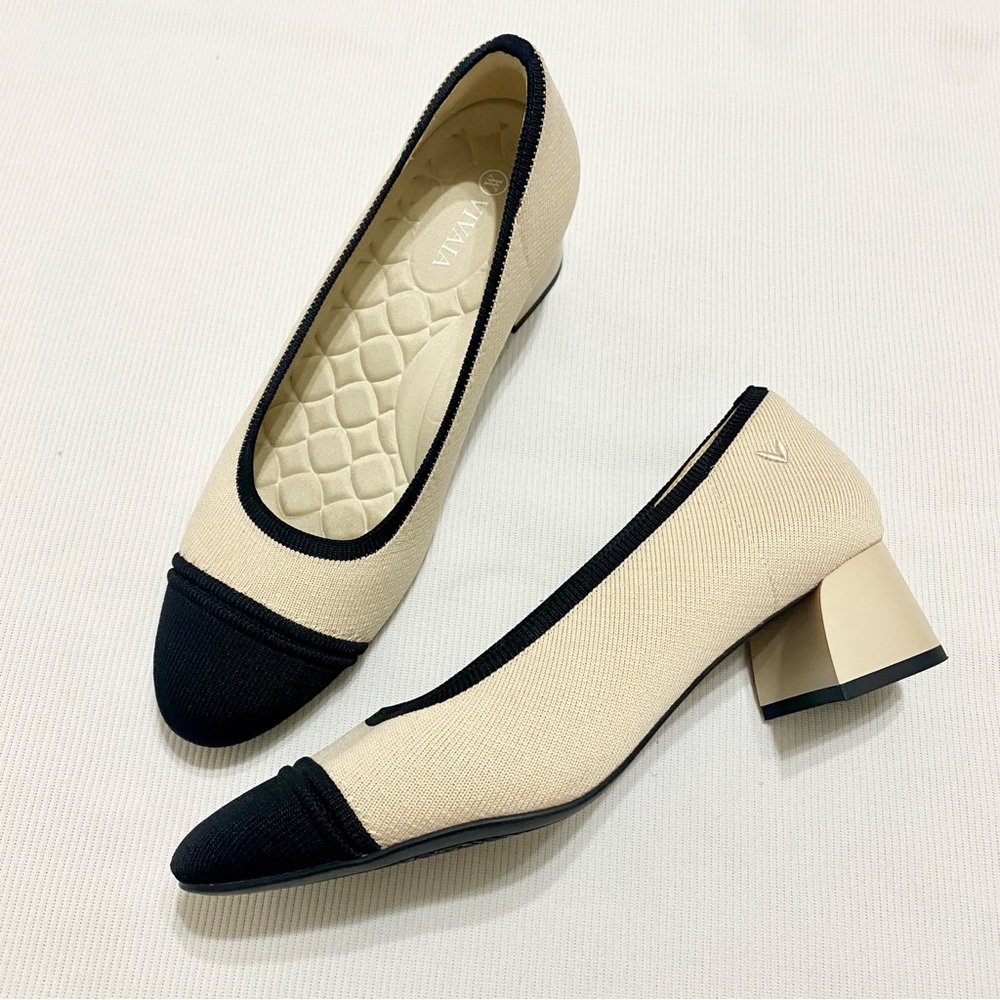 VIVALA Beige and Black Block Heel Pumps